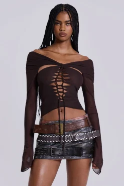 Sale Jaded London Bianca Macrame Off Shoulder Mesh Top