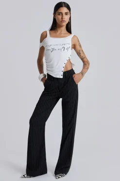 Shop Jaded London Black Pinstripe Stacked Bootcut Suit Pants