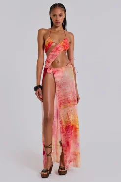 Fashion Jaded London Cantha Asymmetric Cut Out Maxi Dress in Sunset
