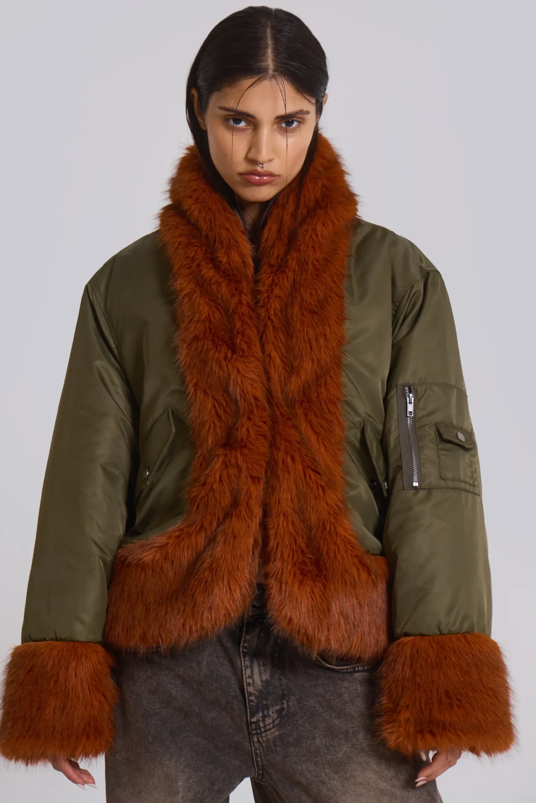 Online Jaded London Evren Faux Fur Bomber Jacket in Khaki