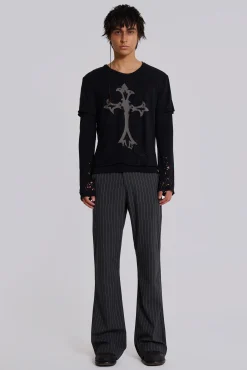 New Jaded London Grey Pinstripe Stacked Bootcut Suit Pants