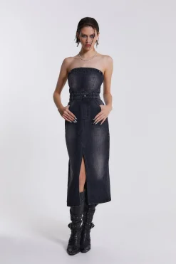 Hot Jaded London Liberty 2 In 1 Detachable Denim Black Midi Dress
