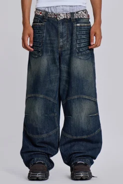 New Jaded London Mid Blue Crash Biker Colossus Jeans