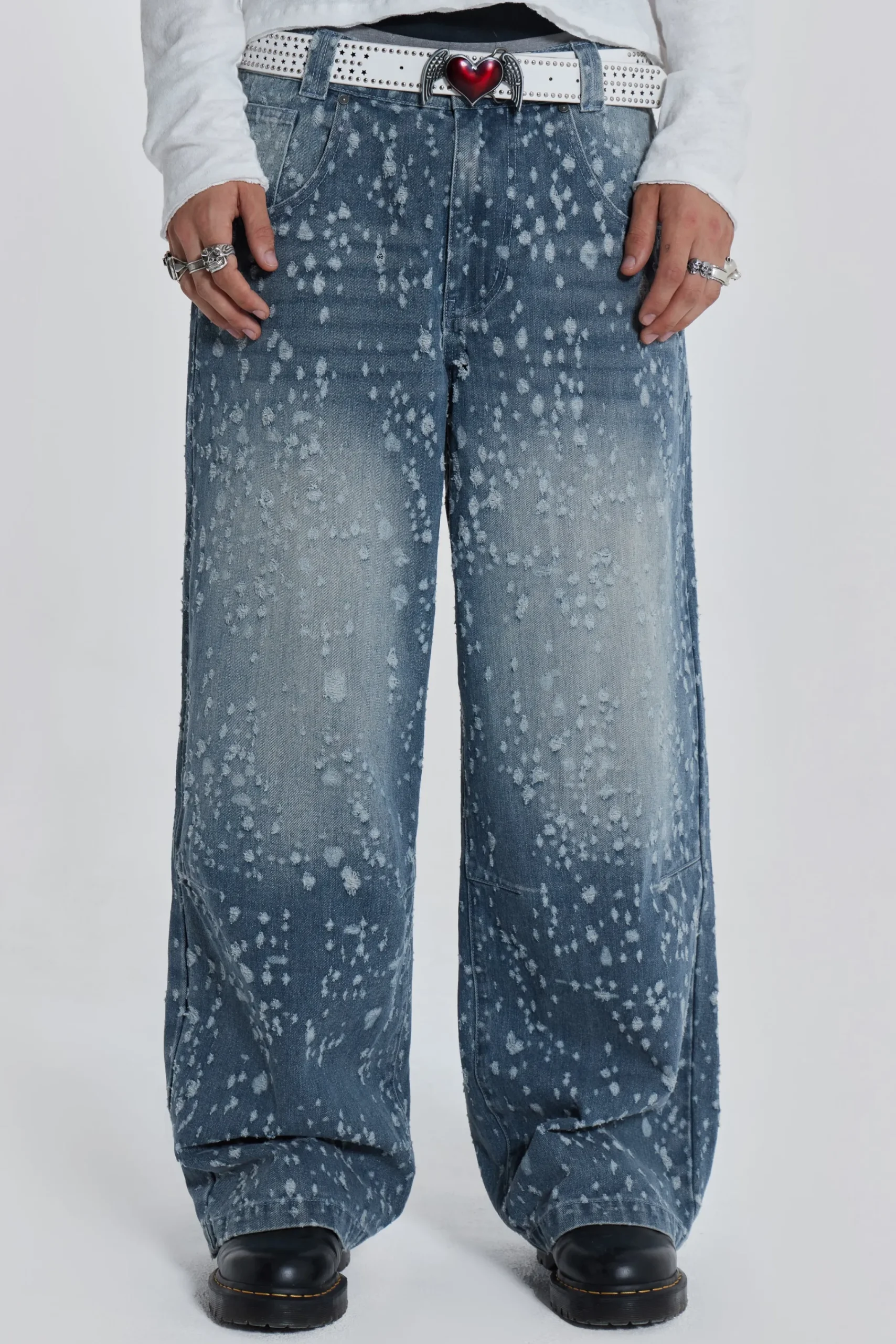 Best Sale Jaded London Mid Blue Shredded Colossus Jeans