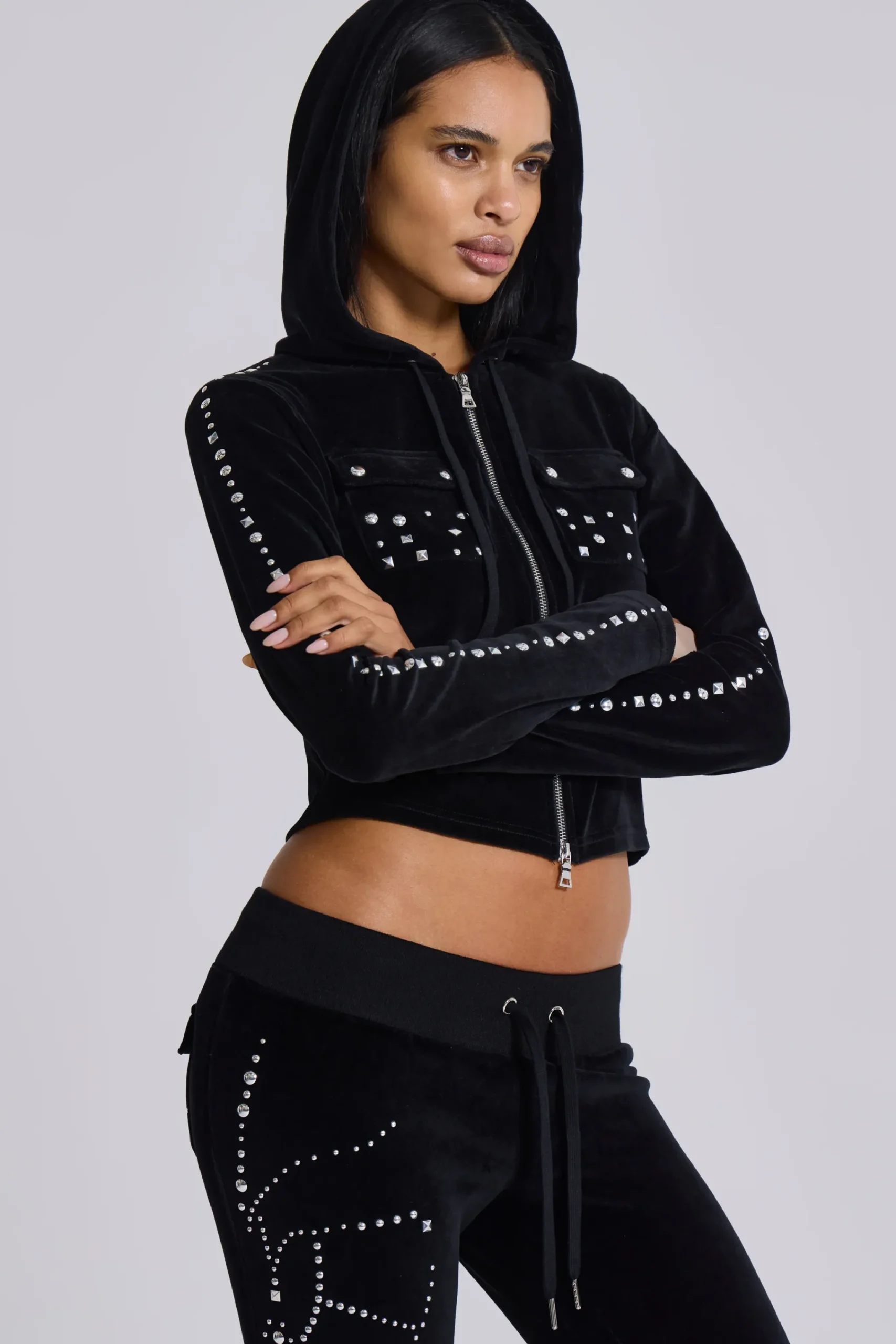 Cheap Jaded London Superset Studded Velour Fitted Hoodie
